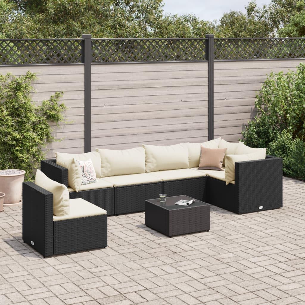 Furniture Sets 7 Piece Patio Lounge Set with Cushions Black Poly Rattan,Elegant Outdoor Furniture Set with Modular Design: for Your Patio, Terrace, or Backyard Garden Conversation Sets