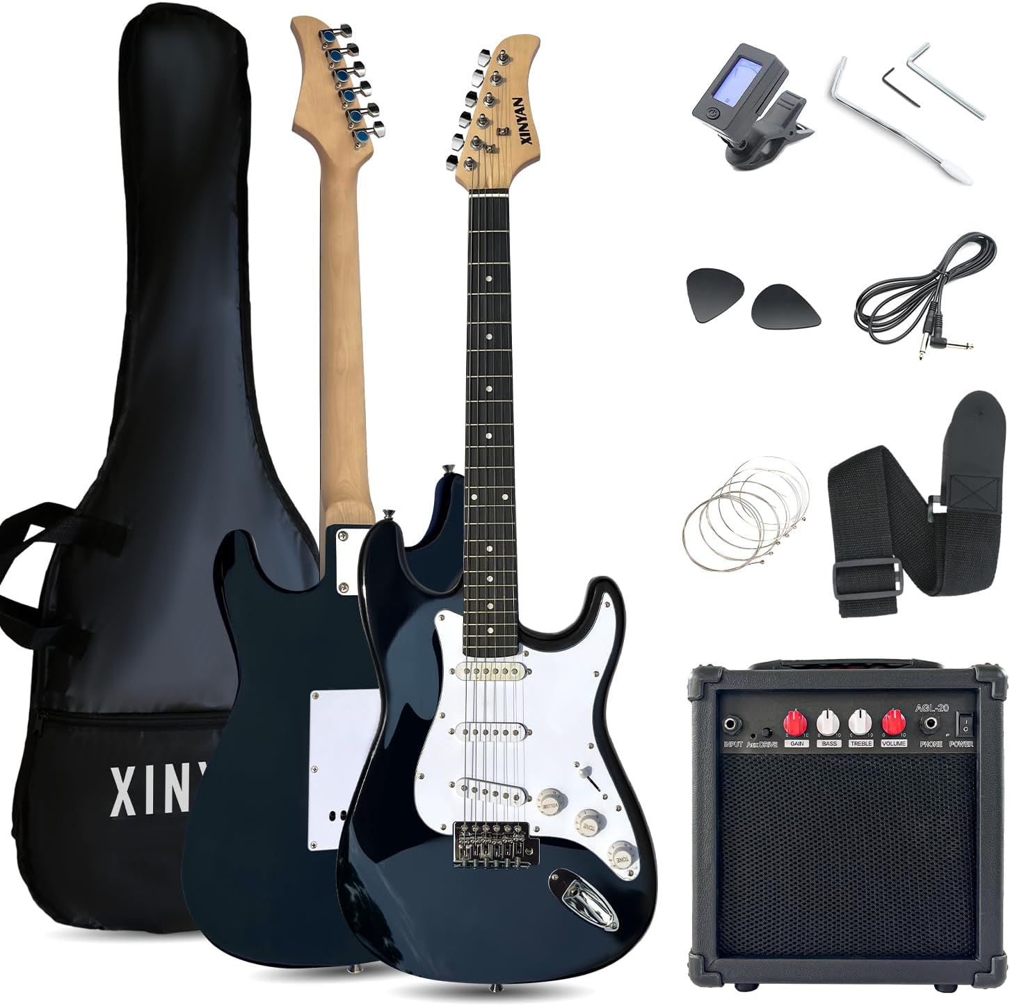 39in Full Size Beginner Electric Guitar Starter Kit w/Case, Strap, 20W Amp, Strings, Pick, Tremolo Bar (Black Guitar)