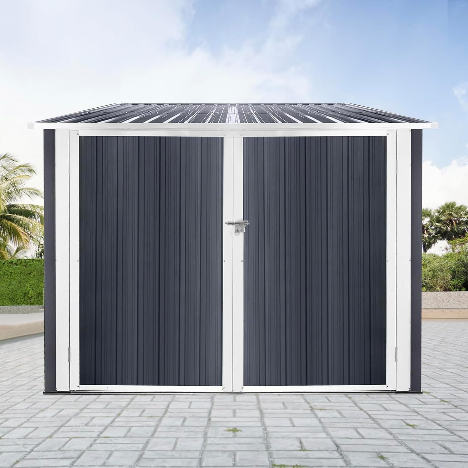 KEIKI 6.6 x 6.5FT Outdoor Bike Storage Shed with Adjustable Bike Tracks, Lockable Door, Slopping Roof, 4 Bikes Capacity, All Weather Bicycles Storage Unit for Garden, Backyard, Patio, Courtyard
