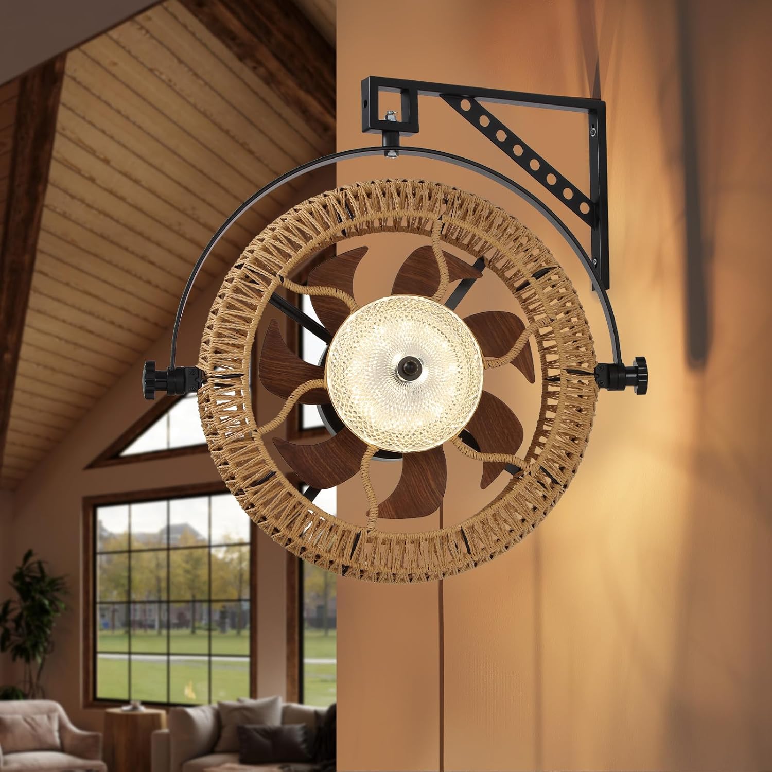 Wall Mount Fan with LED & Plug-in – Dual Ceiling/Wall, 6-Speed Quiet, Natural Wind, Timer, Remote – Rustic Rope Farmhouse for Bedroom,Garage,Work Shop,Kitchen