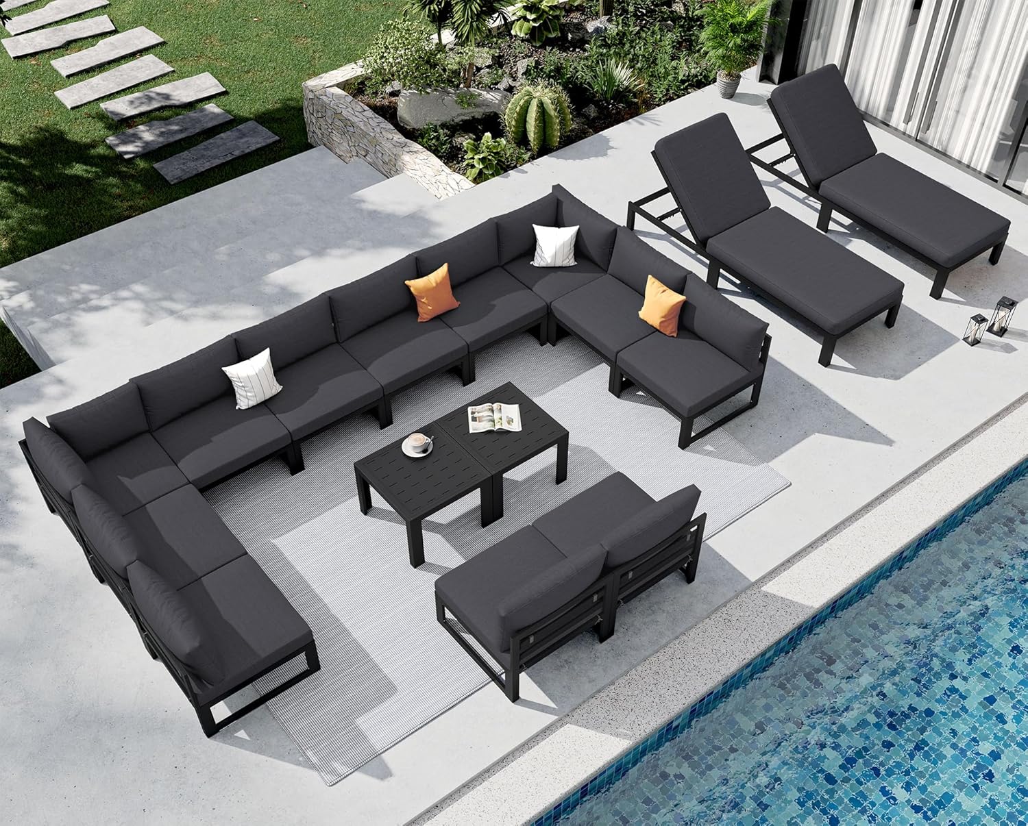 NICESOUL Large Luxury Aluminum Outdoor Sectional Sofa with Chaise, Weather Resistant Modular Patio Furniture Set for 14 People, 500 lbs Heavy Duty Conversation Couch for Poolside Deck, Dark Gray