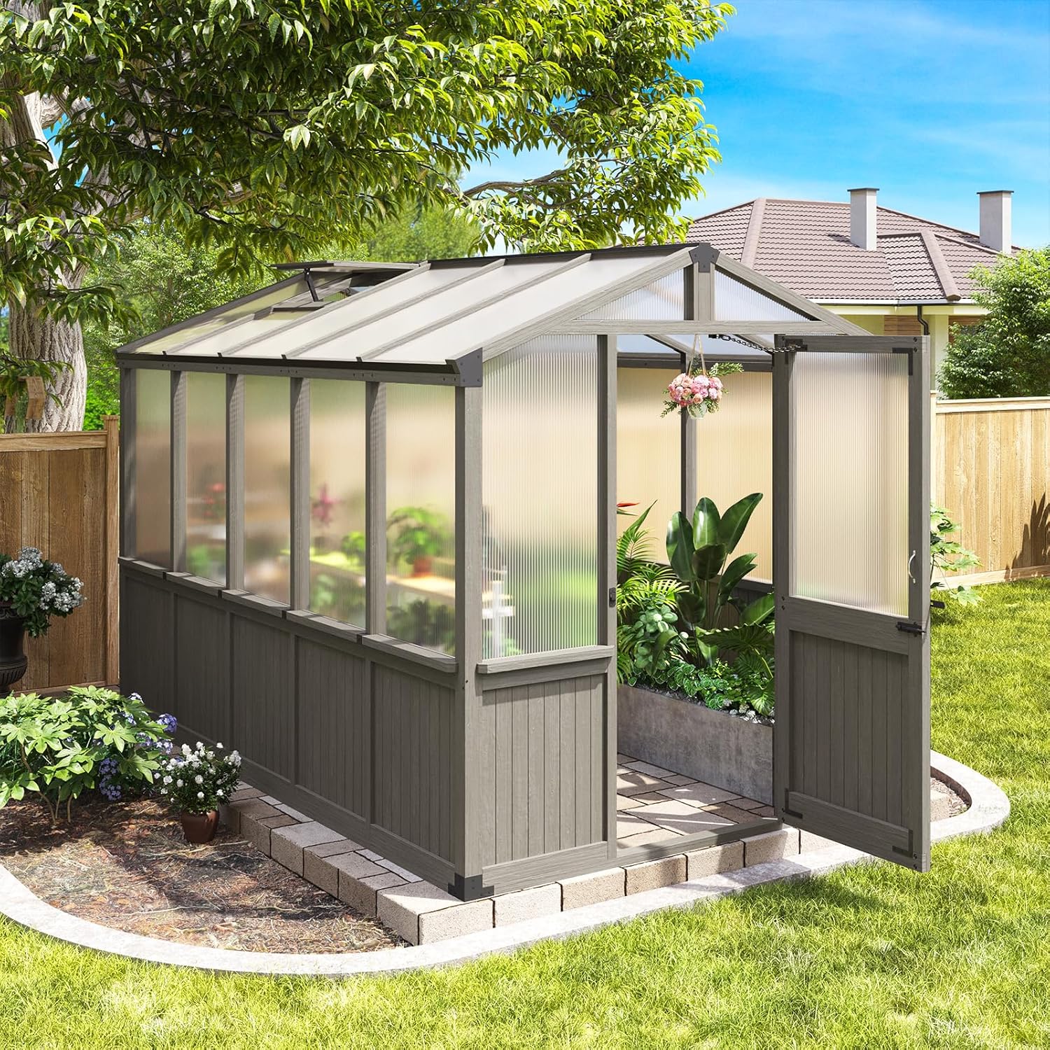 Aoxun 6x10 FT Wood Green House for Outdoors, Polycarbonate Panel Wooden Walk-in Greenhouse Kit with Automatic Temperature Control Roof Vent and Lockable Door, for Outside Backyard Garden, Gray