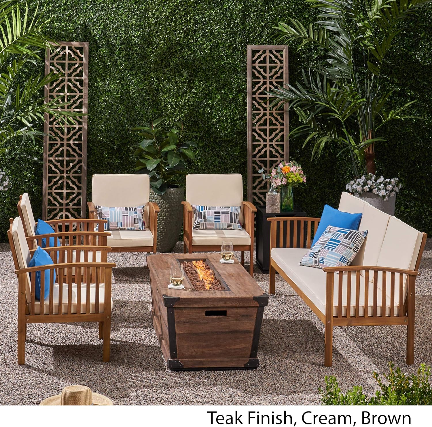 GDFStudio Marjory Outdoor 5 Piece Acacia Wood Conversational Set with Cushions and Fire Pit, Teak with Cream and Brown