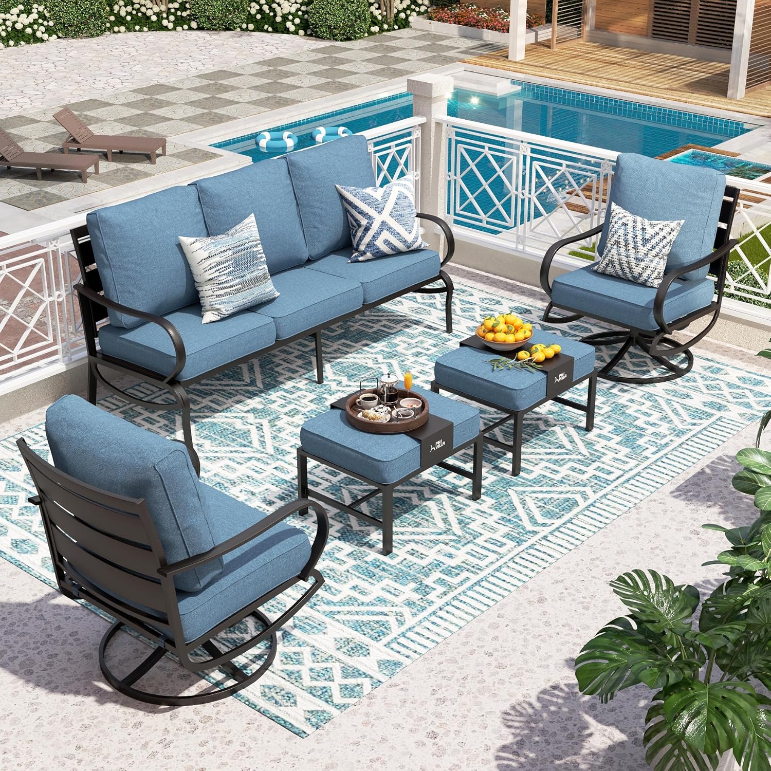 PHI VILLA 5 PCS Patio Furniture Set,Metal Deluxe Patio Set with 1 x 3 Seater Deep Seating Bench, 2 x Swivel Sofa Chairs & 2 x Metal Cushioned Ottoman, Outdoor Patio Set for Garden, Navy Blue