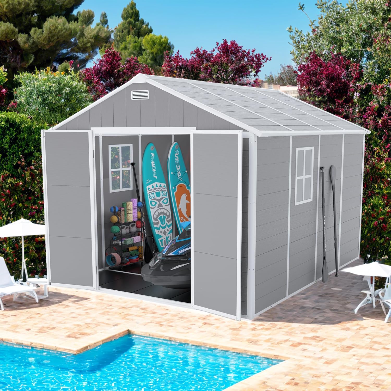 Ultra-Durable 12mm Thick PP Board Storage Shed - Waterproof, Rust & UV-Proof with Large Storage Space & HD Window Lighting - Ideal for Outdoor Studios, Leisure Houses, & Warehouses