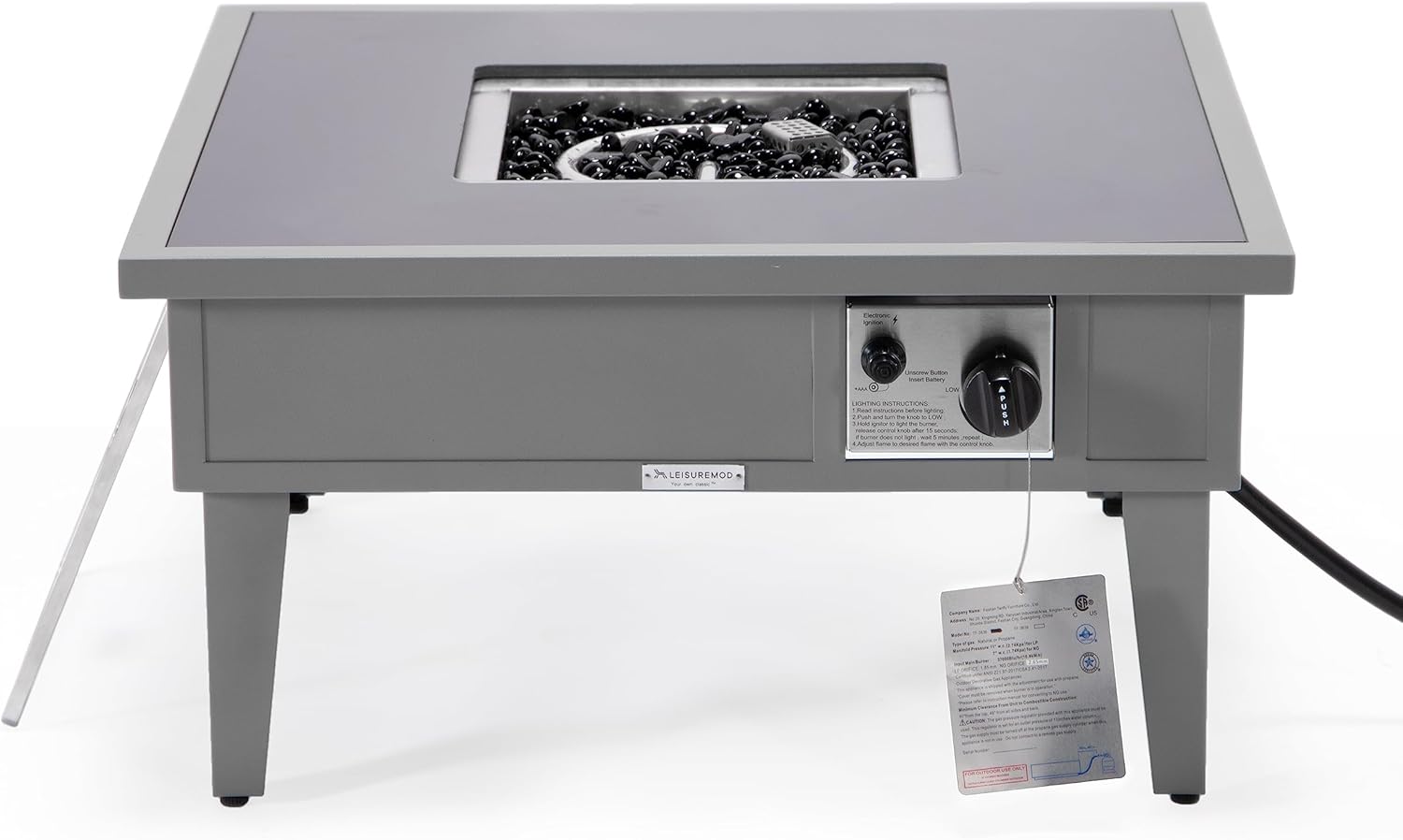 LeisureMod Walbrooke Modern Outdoor Square Fire Pit Table with Powder-Coated Aluminum Frame for Patio and Backyard Garden, Grey