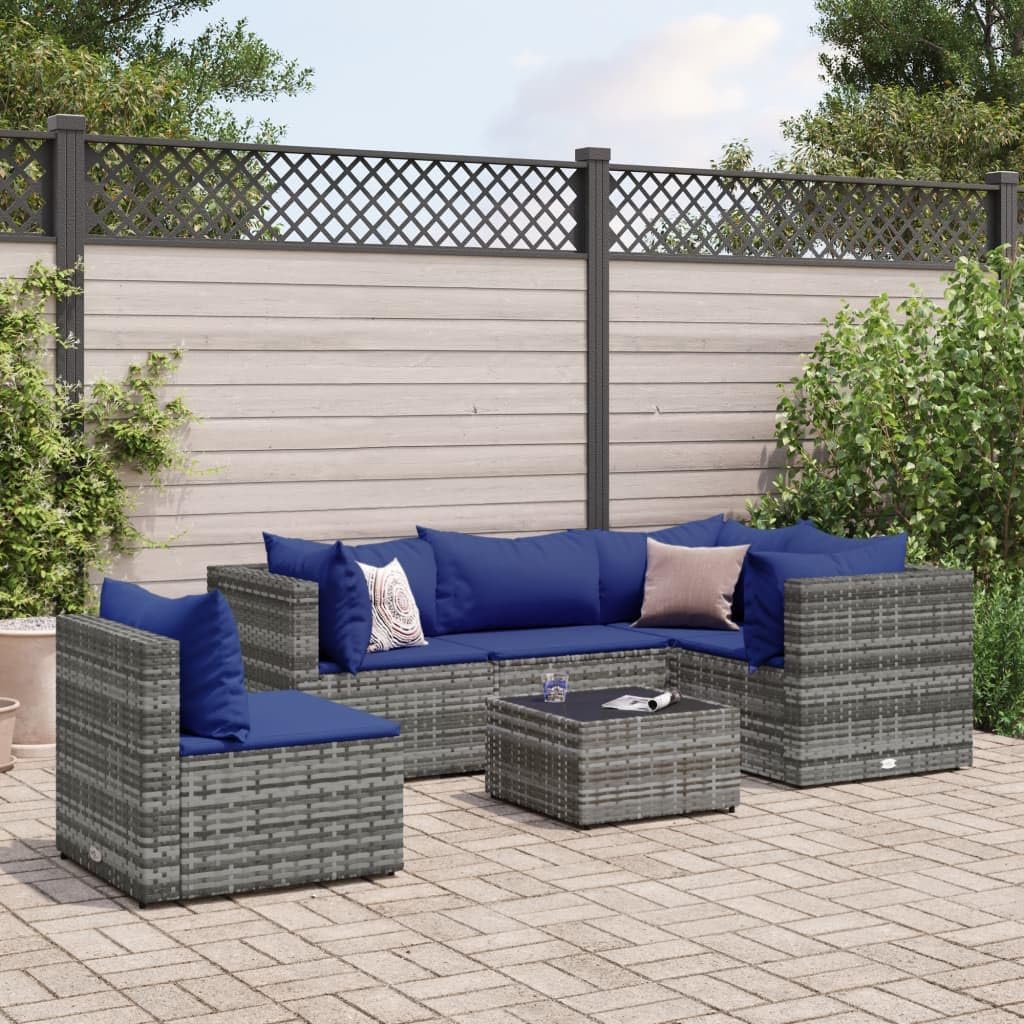 Furniture Sets 6 Piece Patio Lounge Set with Cushions Gray Poly Rattan,Outdoor Patio Furniture Set, Durable Rattan Modular Sofa and Tempered Glass Table for Backyard and Porch Garden Conversation Sets