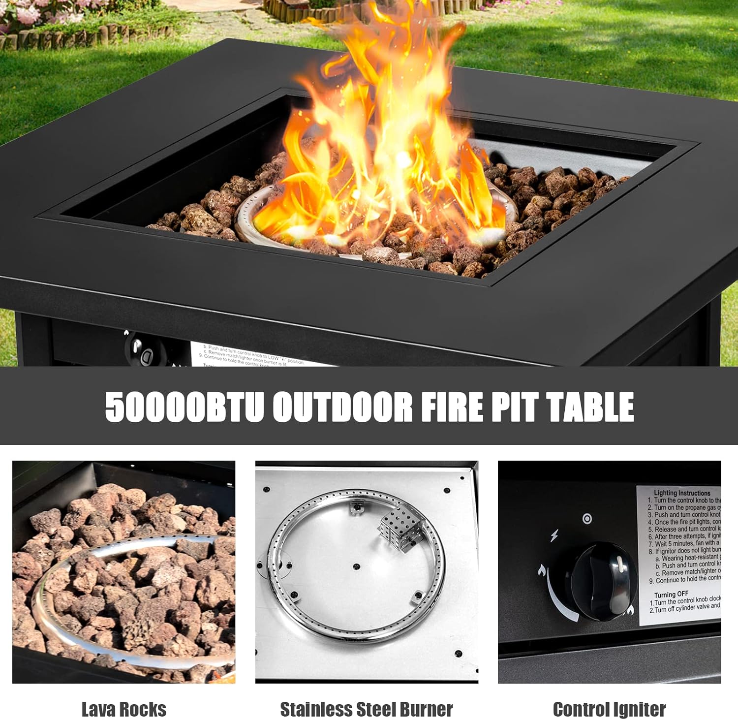 Happygrill Propane Fire Pit Table, 28’’ Outdoor Gas Fire Pit with Lid & Lava Rocks, 50,000BTU Auto-Ignition Fire Table with Adjustable Flame, 2-in-1 Square Fire Pit Table for Patio Backyard Poolside