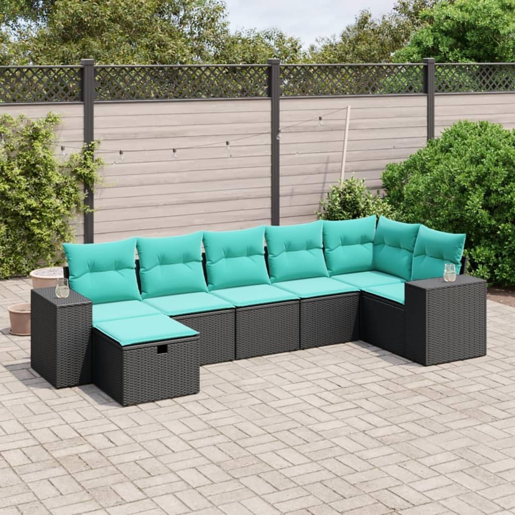 7-Piece Modular Garden Sofa Set, Black Poly Rattan Outdoor Furniture, Weatherproof Patio Seating with Cushions, 33.5x122.0x57.1in