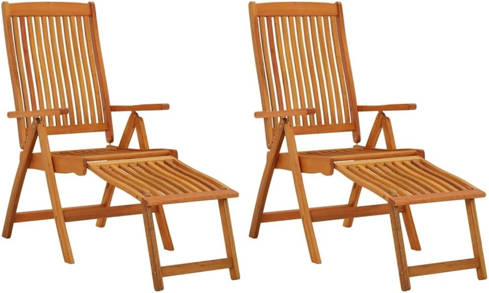 Folding Patio Chairs with Footrests 2 pcs Solid Wood Eucalyptus,Solid Wood Garden Chairs with Reclining Backrest and Footrest for Patio and Backyard Outdoor Furniture, Outdoor Chairs