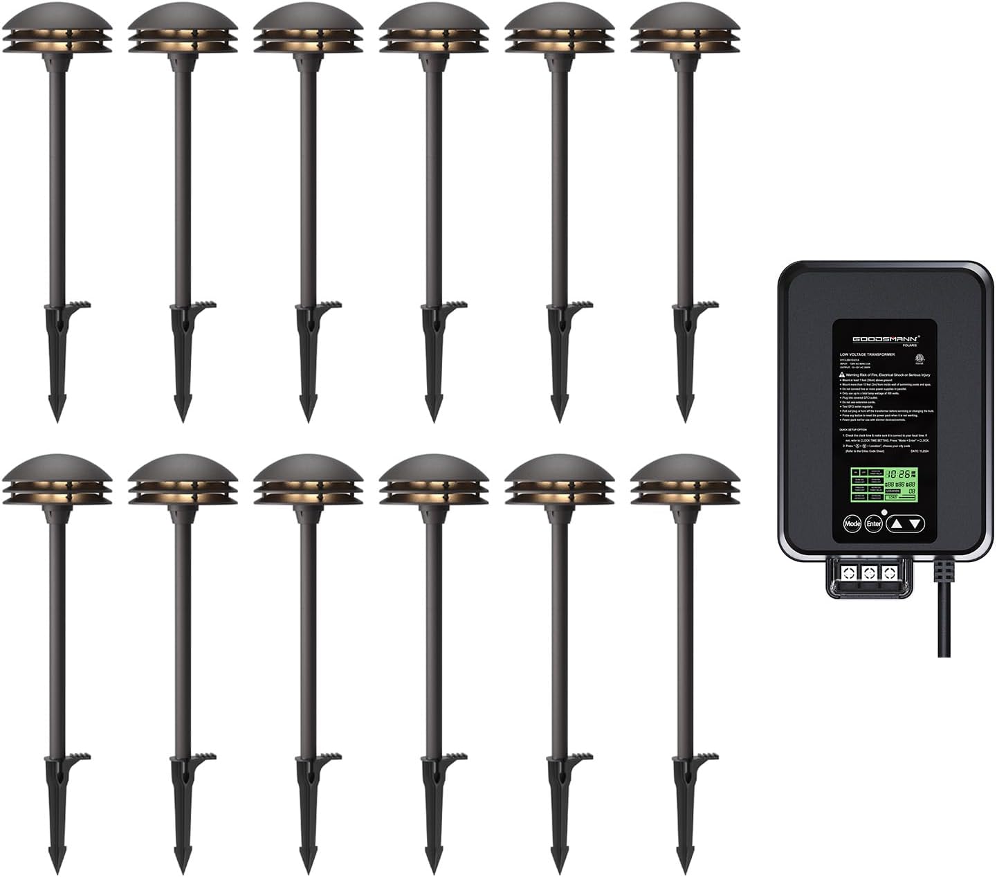 GOODSMANN Landscape Lighting Low Voltage Pathway Lights LED 12PK 4W 80 Lumen 3000K Warm White with 300W Low Voltage Transformer