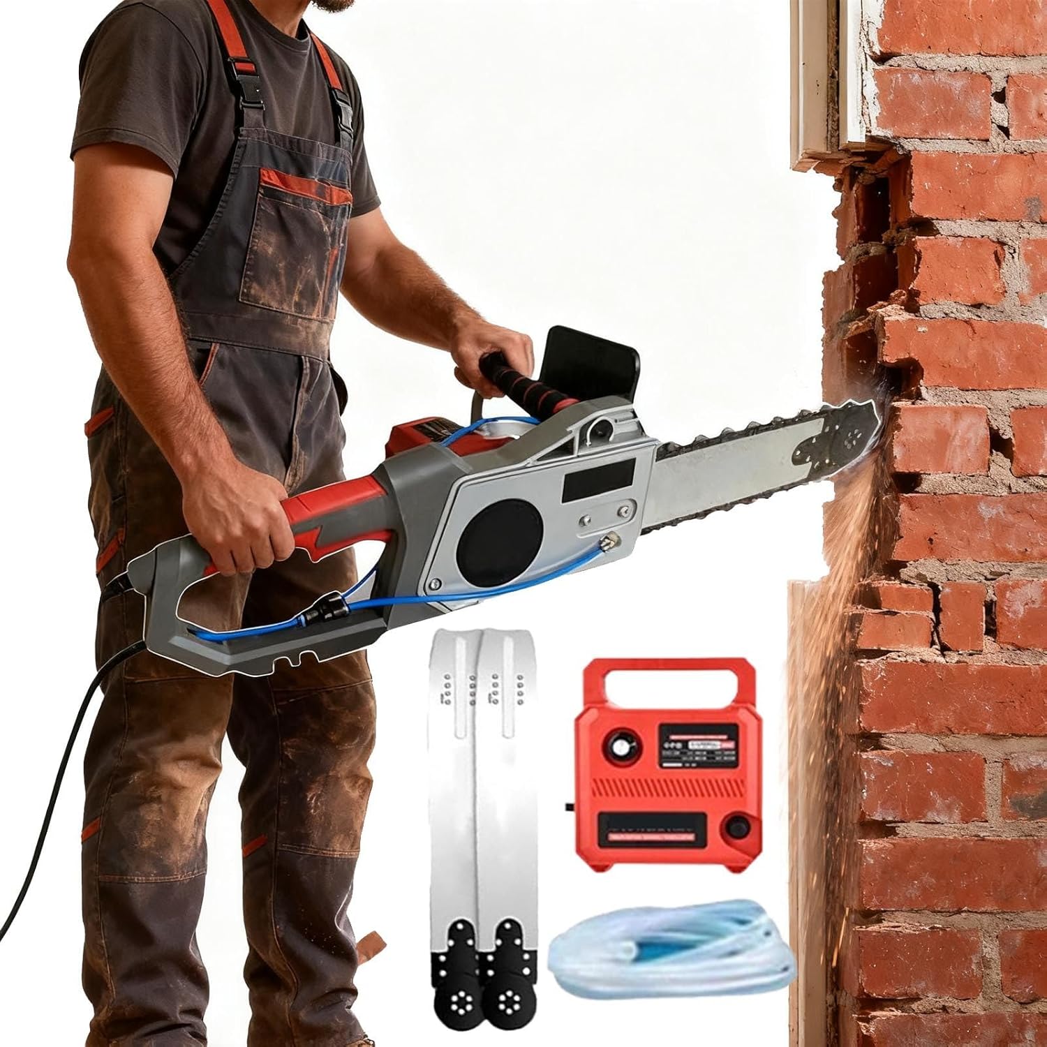 Handheld Brushless Chainsaw | Electric Concrete Chain Saw | Heavy-Dutyelectric Wall Chaser | Diamond Chain Wall Cutte-Wet Water Supply Reduces Dust,2 Chains/2 Guide Bar/3.5m Water Pipe 35cm
