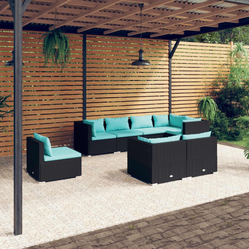 8 Piece Patio Lounge Set with Cushions Poly Rattan Black,Trendy Poly Rattan Patio Lounge Set: Durable, Modular, and Comfortable Patio Furniture, Outdoor Furniture Sets