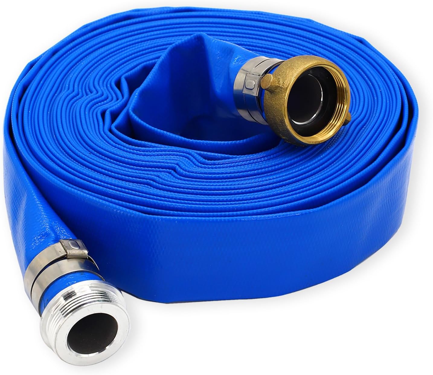 1.5” ID x 100ft PVC Lay Flat Discharge Hose with Aluminum Pin Lug Fittings, Heavy Duty Reinforced Blue Backwash Pump Hoses for Swimming Drain Pools and Clean Filters