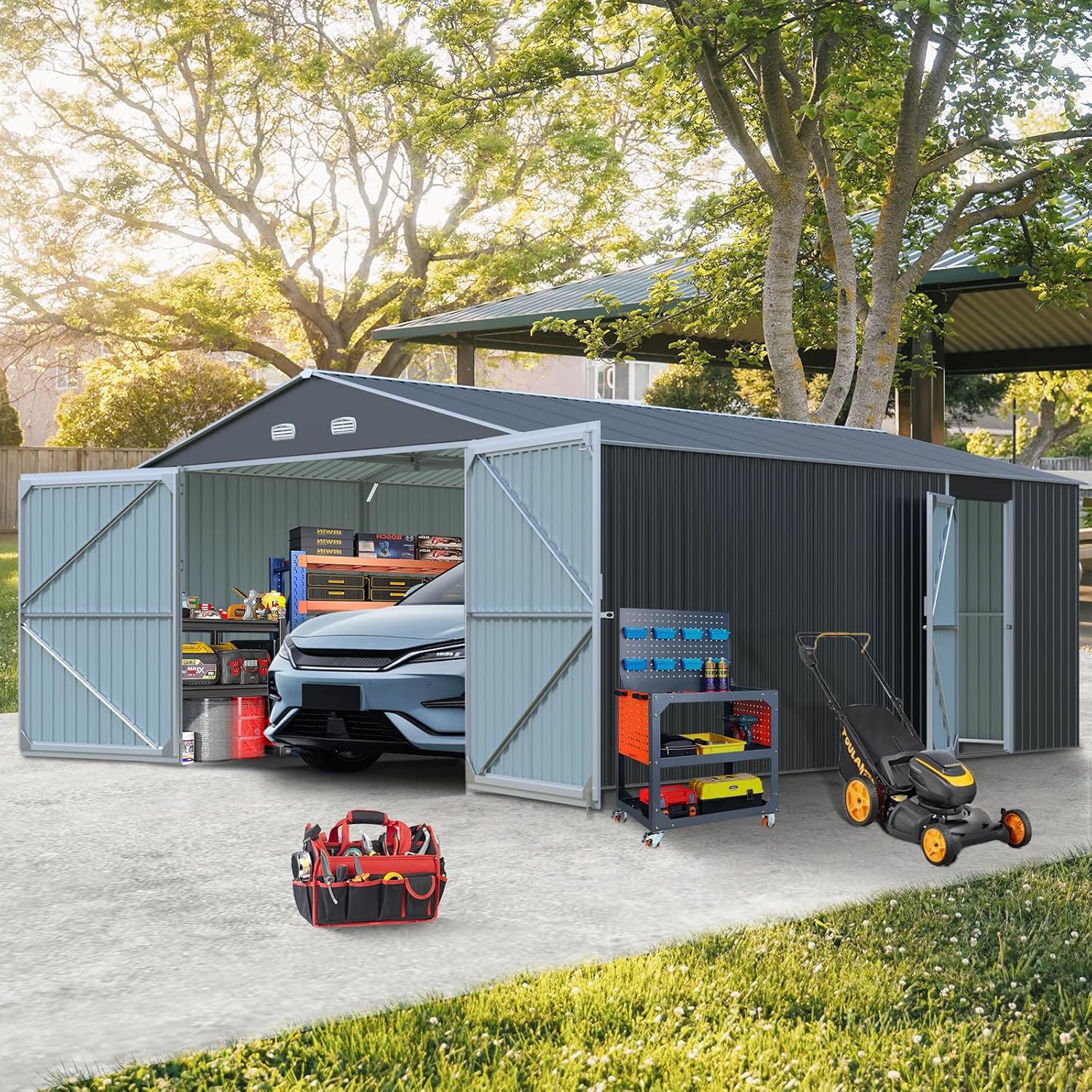 Ball & Cast 13x20FT Outdoor Storage Shed with Side Entry Door,Large Heavy Duty Metal Sheds with Punched Vent and Lockable Doors, Waterproof Garden Tool Sheds for Storing Truck, Dark Gray