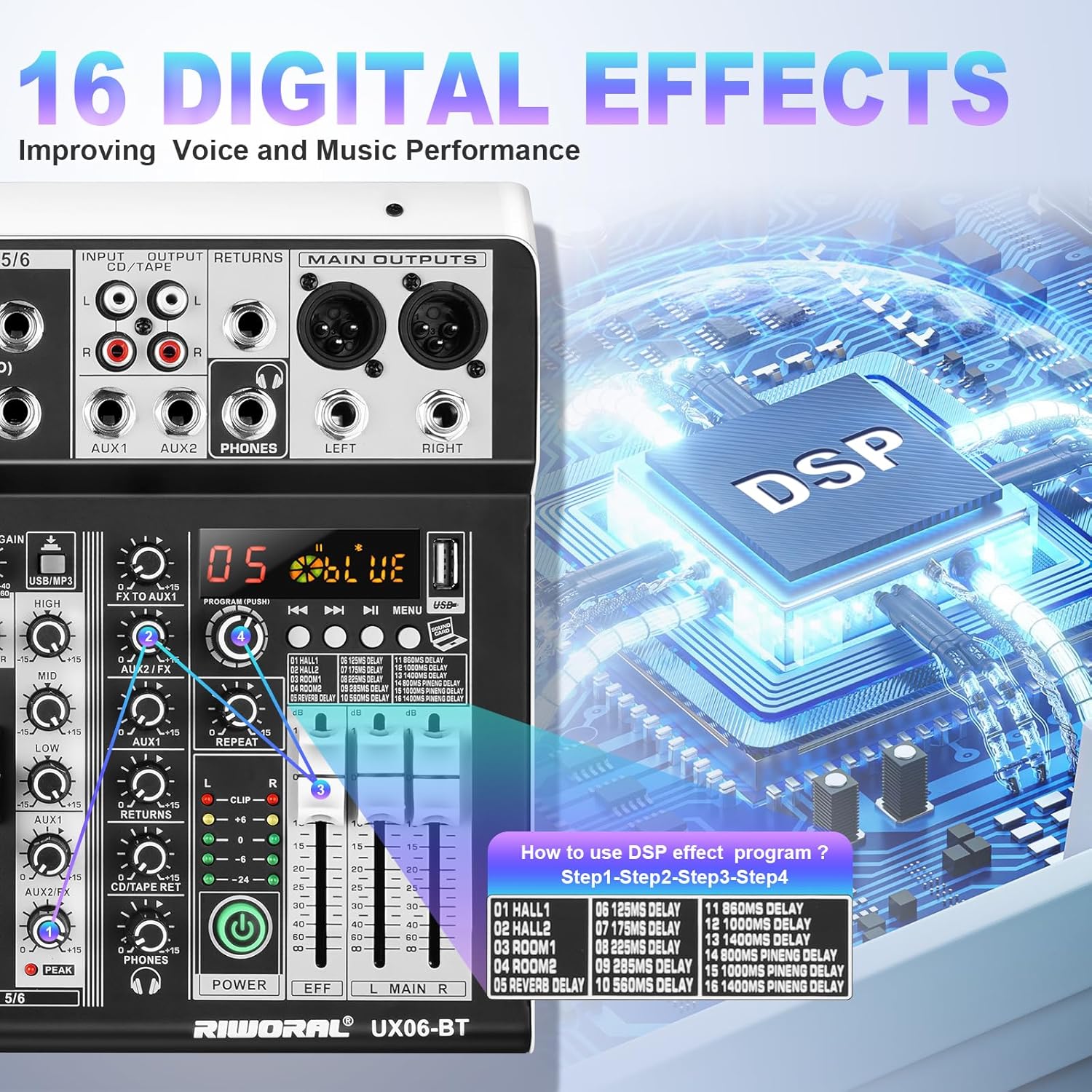 6 Channel Audio Interface Sound Board Mixing Console 16-Bit DSP DJ Mixer Audio Reverb Effect +48V Phantom Bluetooth Studio Audio Mixer For Karaoke Studio Streaming Recording