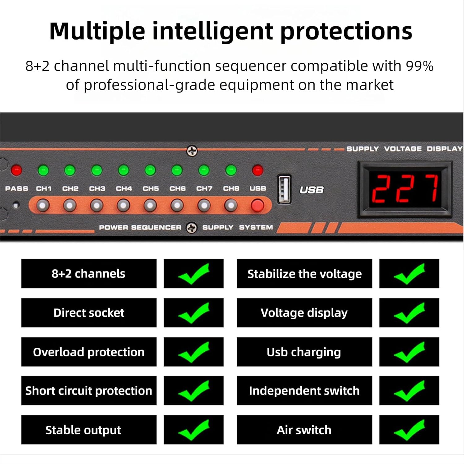 Yunseity 10 Outlet Power Sequencer Conditioner, Independent Power Switch USB Port with Digital Screen Voltage Display, for Home Theater Stage Studio Audio Equipment (US Plug)