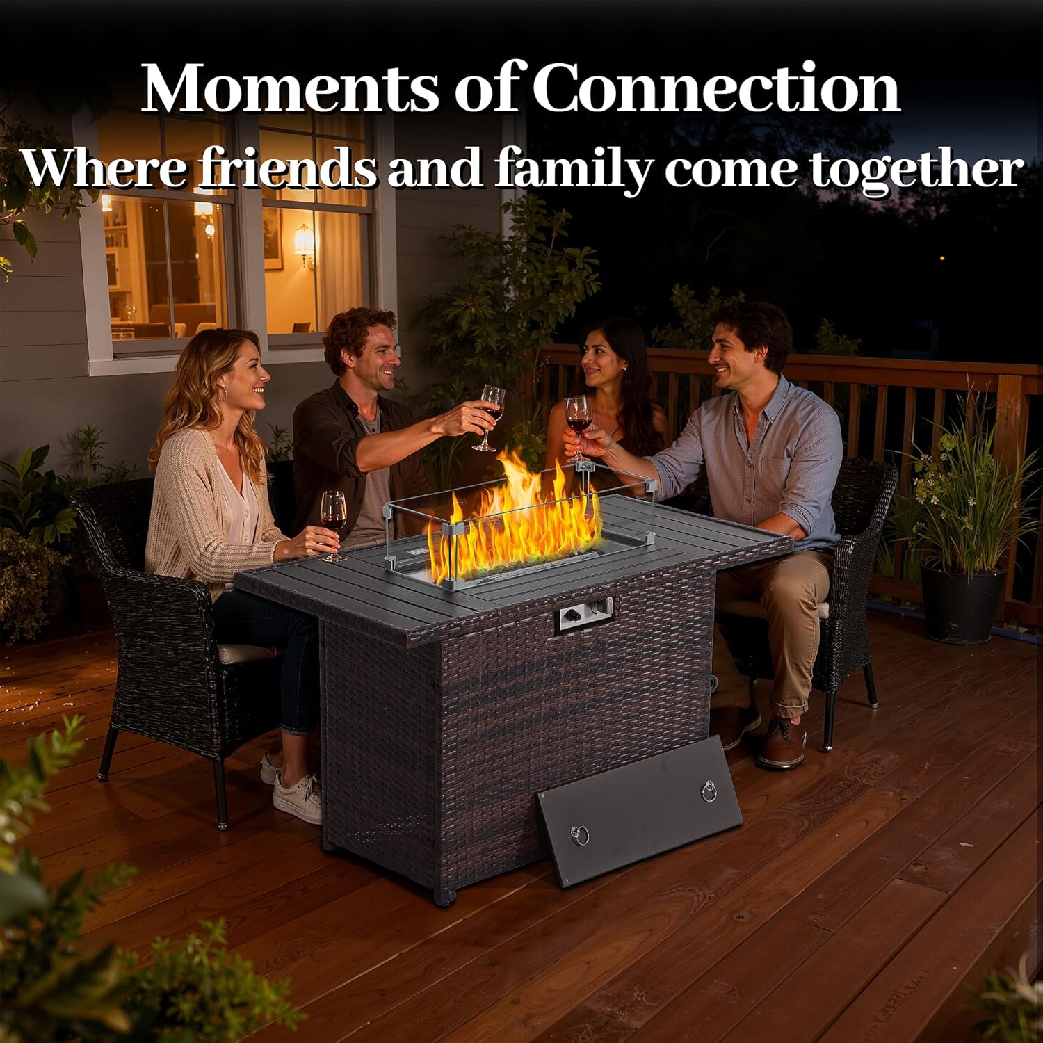 EortheX 44 Inch Propane Fire Pit, Steel Gas Fire Feature Table with Iron Lid,Glass Rock, Rain Cover and Tempered Glass Wind Guard for Outside Garden Backyard Deck Patio