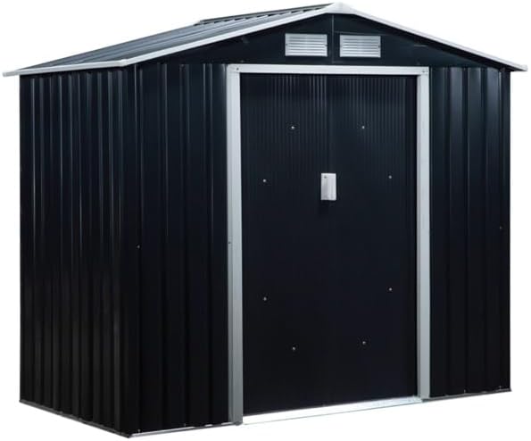 Steel Garden Storage Shed 7x4 ft – Weather-Resistant Outdoor Tool Storage House with Double Sliding Doors, Sloped Roof, Vents, and Foundation Kit (Black)