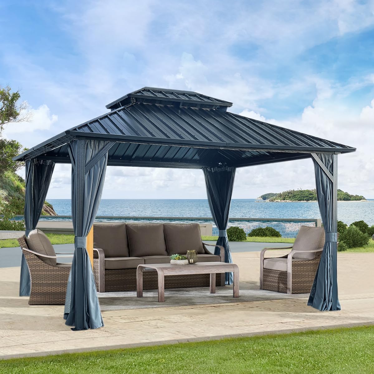 12X12FT Metal Hardtop Gazebo Outdoor Patio Double Roof Canopy Galvanized Iron Aluminum Frame Garden Tent Curtains Netting for Backyards Decks Lawns,Gray