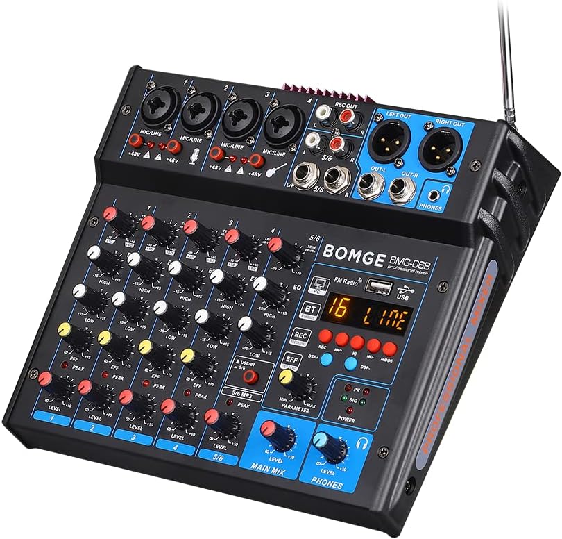 BOMGE 6 Channel dj powered audio sound mixer amplifier,100 W Stereo Speaker Home Audio Receiver effects, 48V phantom Power, USB, Bluetooth ，for home theater system, Karaoke, Streaming