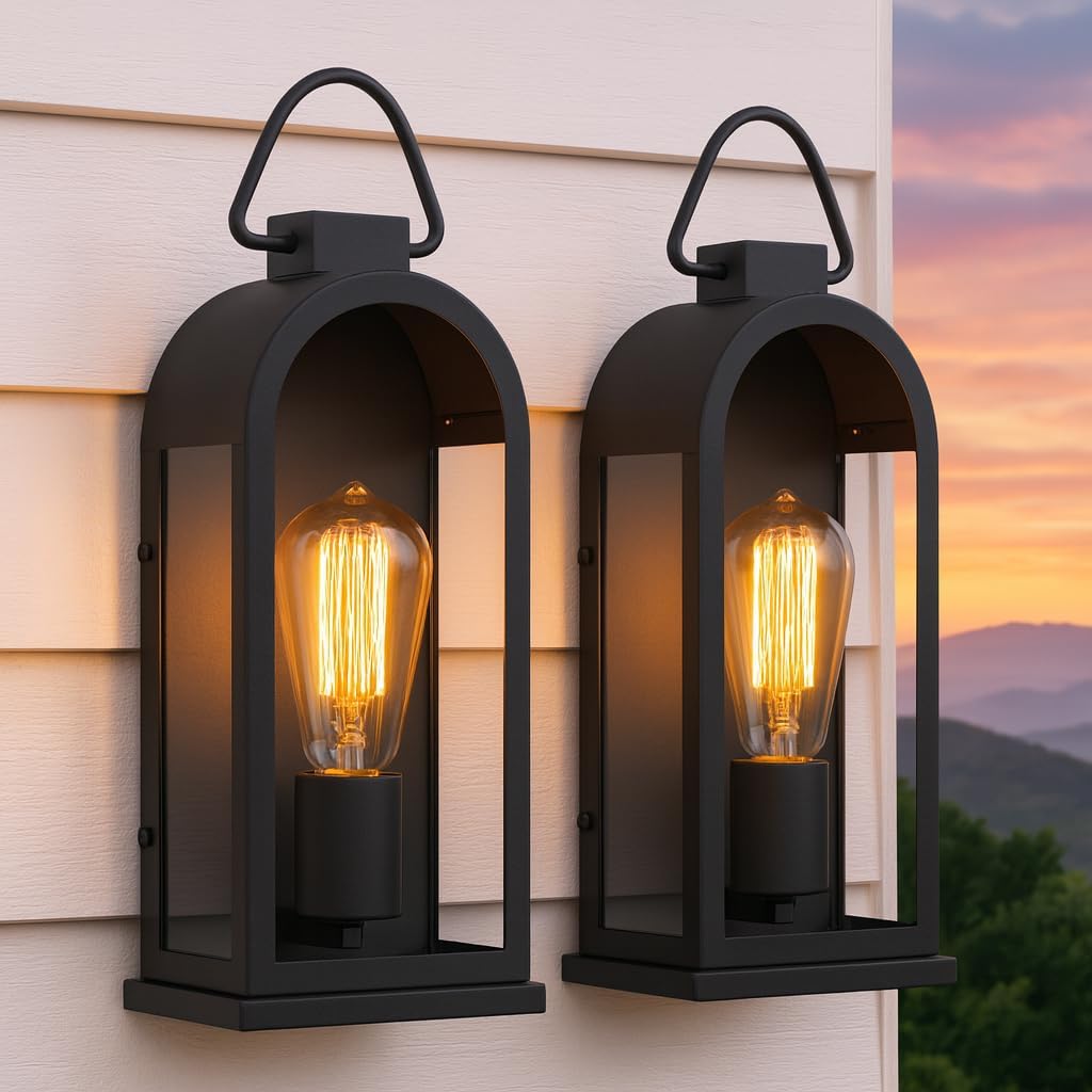Vintage Outdoor Wall Light Fixtures (2 Pack) - Matte Black Porch Lantern/Exterior Wall Sconce, Glass Shade, Sturdy Metal Frame, Waterproof & Anti-Rust, for Entryway/Garage/Patio/Doorway, E26 Socket