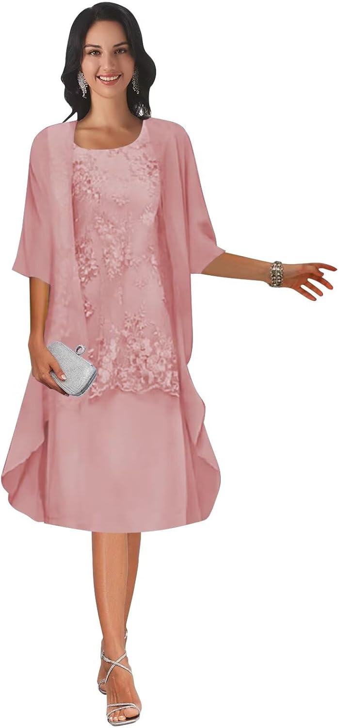 POMUYOO 2 Piece Short Mother of The Bride Dresses for Wedding Tea Length Lace Formal Evening Dress with Jacket