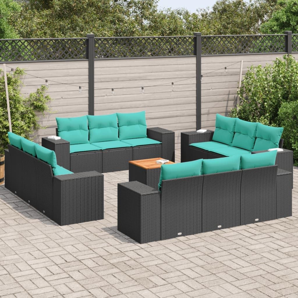 13 Piece Patio Sofa Set with Cushions, Black Poly Rattan Outdoor Furniture, Modular Design with Storage, Acacia Wood Tabletop, UV-Proof