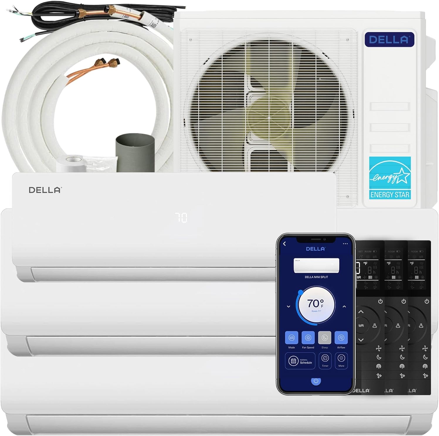 DELLA 28K BTU ODU Tri 3 Zone (9K 12K 12K BTU) Air Conditioner, Works with Alexa and Wifi, 20 SEER2 208-230V Cools Up to 1500 Sq.Ft Energy Efficient, Multi Zone Pre-Charged Heat Pump, 16ft Kits