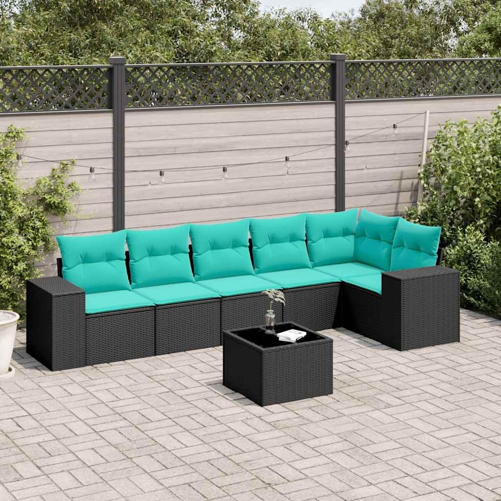 7 Piece Garden Sofa Set with Cushions, Black Poly Rattan Outdoor Patio Furniture, Modular Design for Backyard Terrace