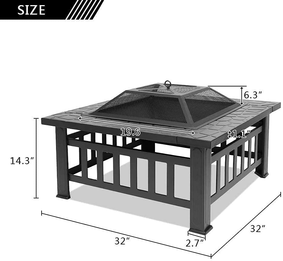 Outdoor Portable 32-Inch Metal Fire Pit, Barbecue Square Table, Backyard Patio Garden Stove, Wood-Burning Fireplace, Suitable for Garden Outdoor Patio