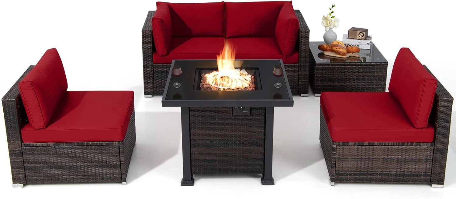 Tangkula 6 Piece Patio Wicker Conversation Set, Outdoor Rattan Sofa Set w/32” Propane Fire Pit Table, 50,000 BTU Heat, Tempered Glass Tabletop, Fire Pit Protective Cover Included (Red)