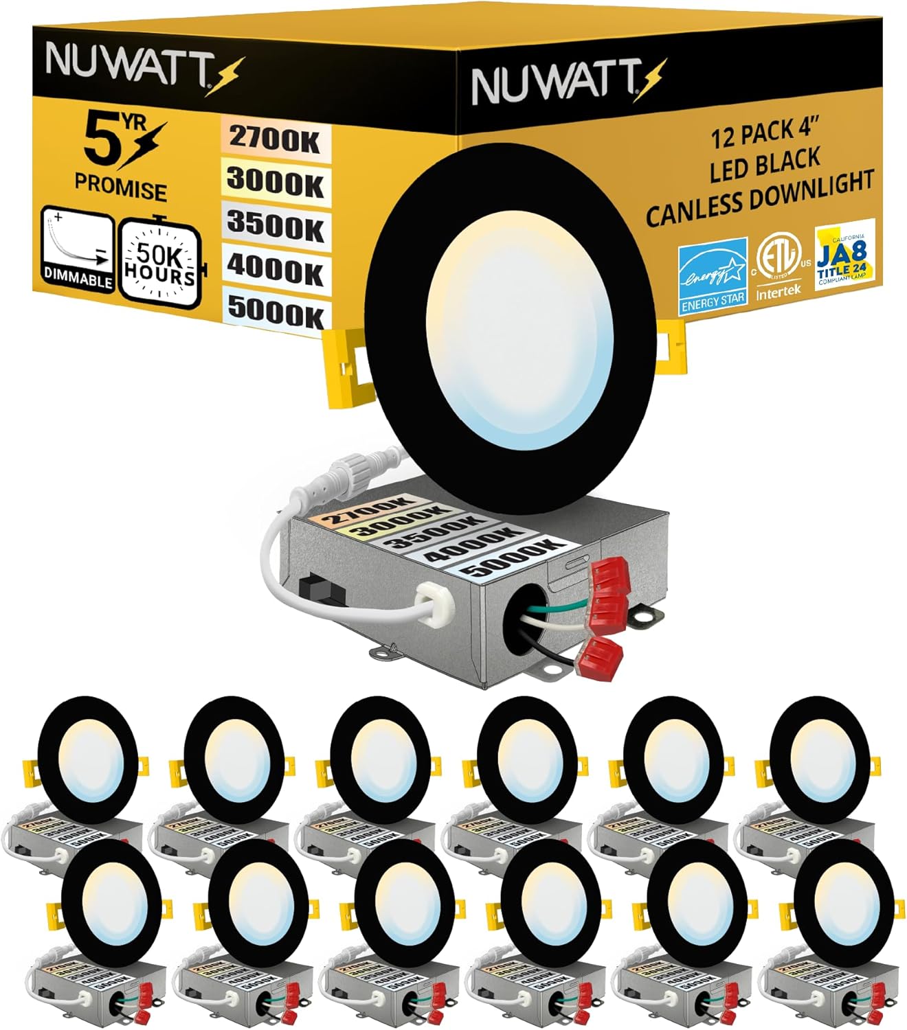 NUWATT 12 Pack, 4 Inch Recessed Lighting LED, Selectable CCT 2700K/3000K/3500K/4000K/5000K, 630LM, 9W, IC Rated, Dimmable, Canless Lights with Junction Box, ETL and Energy Star Certified, Black Trim