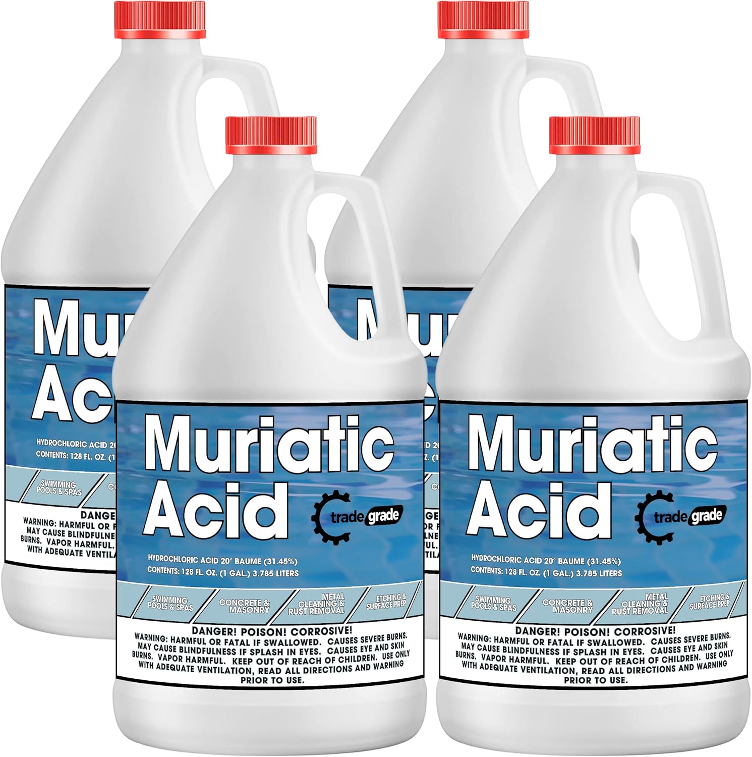 TradeGrade Muriatic Acid for Swimming Pools & Spas – Muriatic Acid for Pools (HCL), pH Reducer for Water Balancing, Concrete Cleaner (4 Gallons)