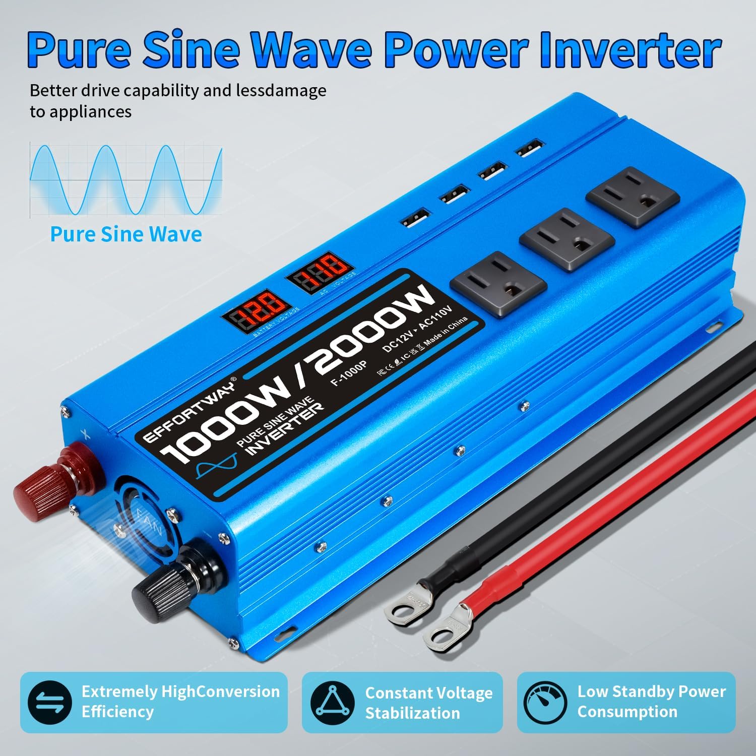 1000W Pure Sine Wave Inverter DC 12V to AC 110V/120V Converter 2000w (Peak) Car Power Converter with 3 AC Outlets, 4USB Port,Power Inverter for Car, Truck, Home, Vehicles, Laptop