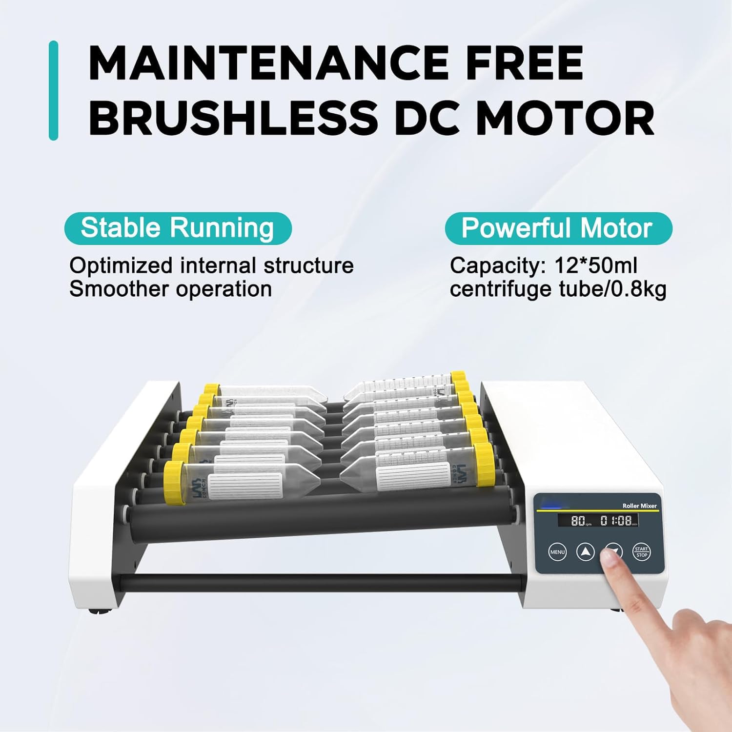 Lab Roller Mixing Machine, Lab Orbital Shaker Mixer(20-80rpm), Drum: 6/8 Rollers(Length:28CM), with Continuous/Timer Mode, High/Low Axis, for 6-34 MM Centrifuge Tubes,8pro