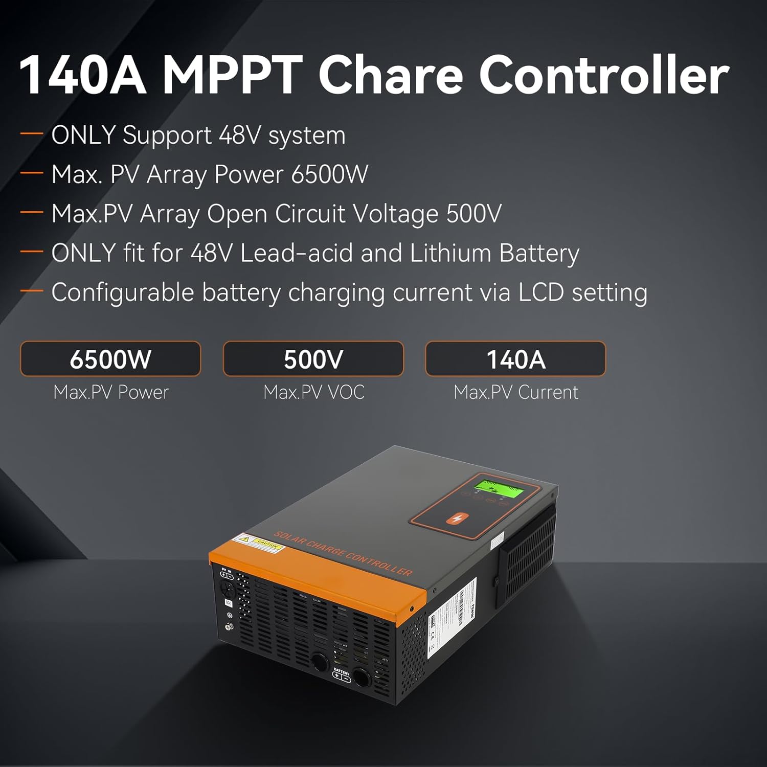 48V 140A MPPT Solar Charge Controller, 140Amp Solar Regulator Max.PV Input 500V, Max. Charging Current Can be Set, Work with 48V Lead-Acid and Lithium Batteries