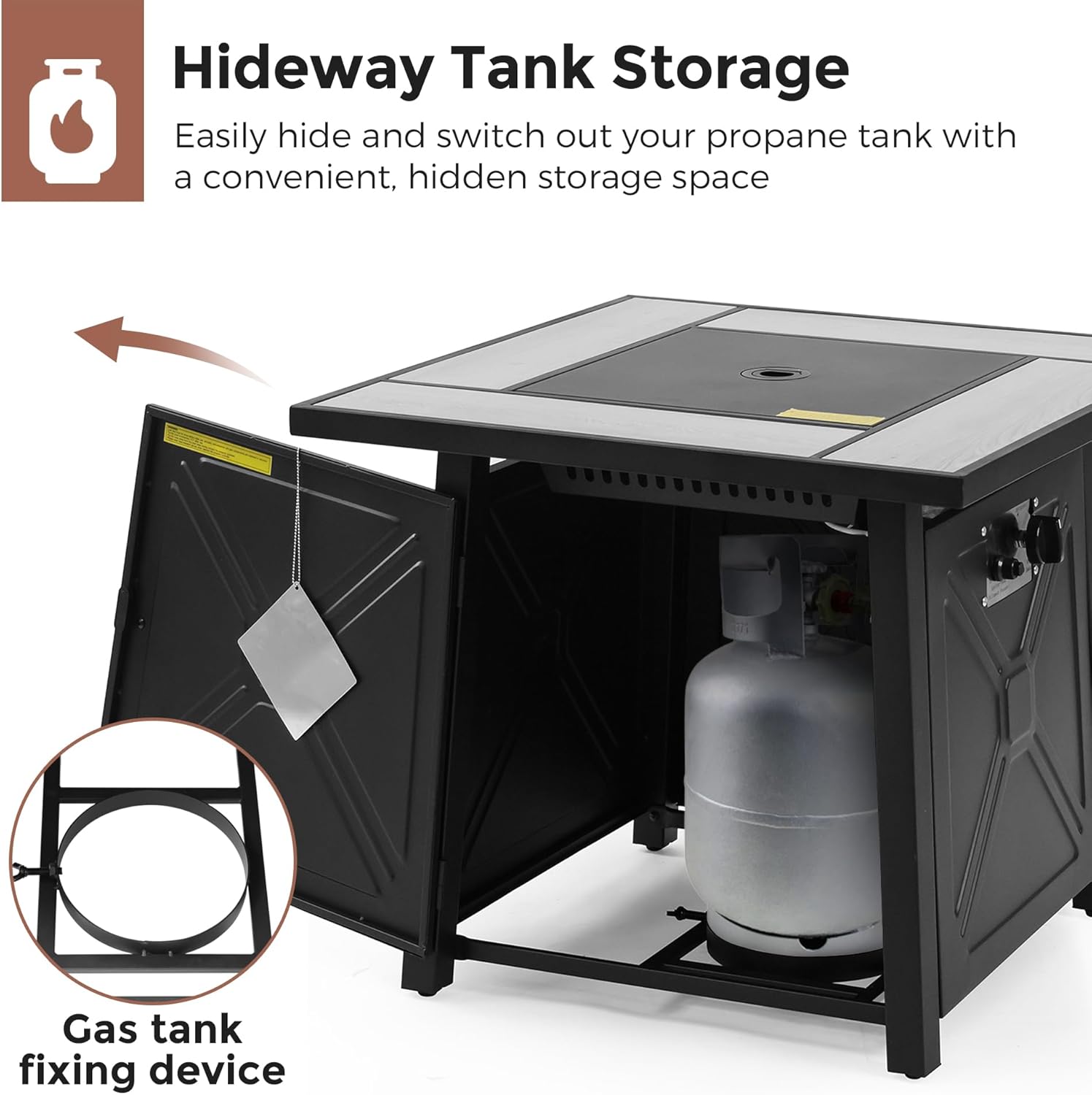 28 Inch Outdoor Fire Table with Ceramic Tile Tabletop Square Propane Fire Pit Table 50,000 BTU Gas FirePit Fire Table with Glass Wind Guard(L) Waterproof Cover Gloves Steel Lid and Lava Rock