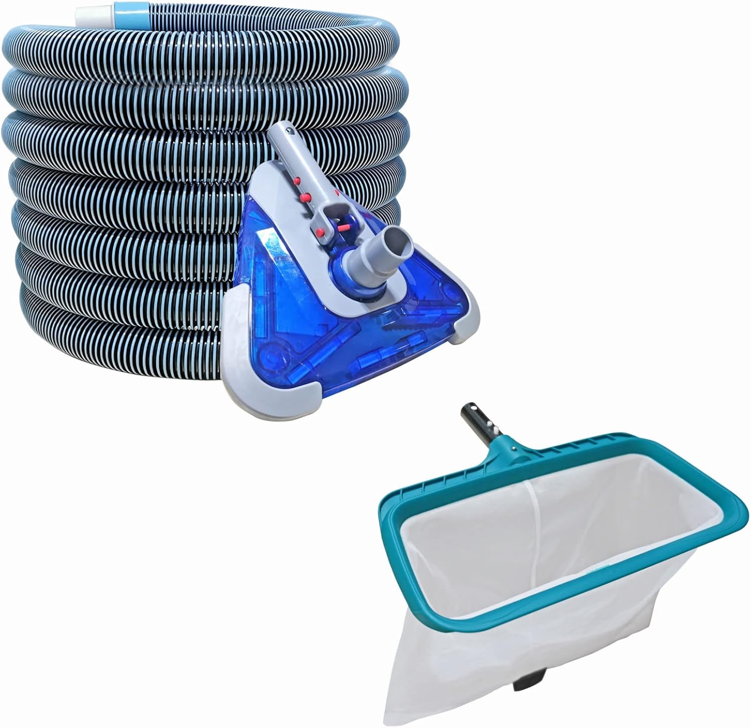 POOLWHALE 24FT 1-1/2 Inch Pool Vacuum Hose with Pool Vacuum Head and Pool Skimmer Net