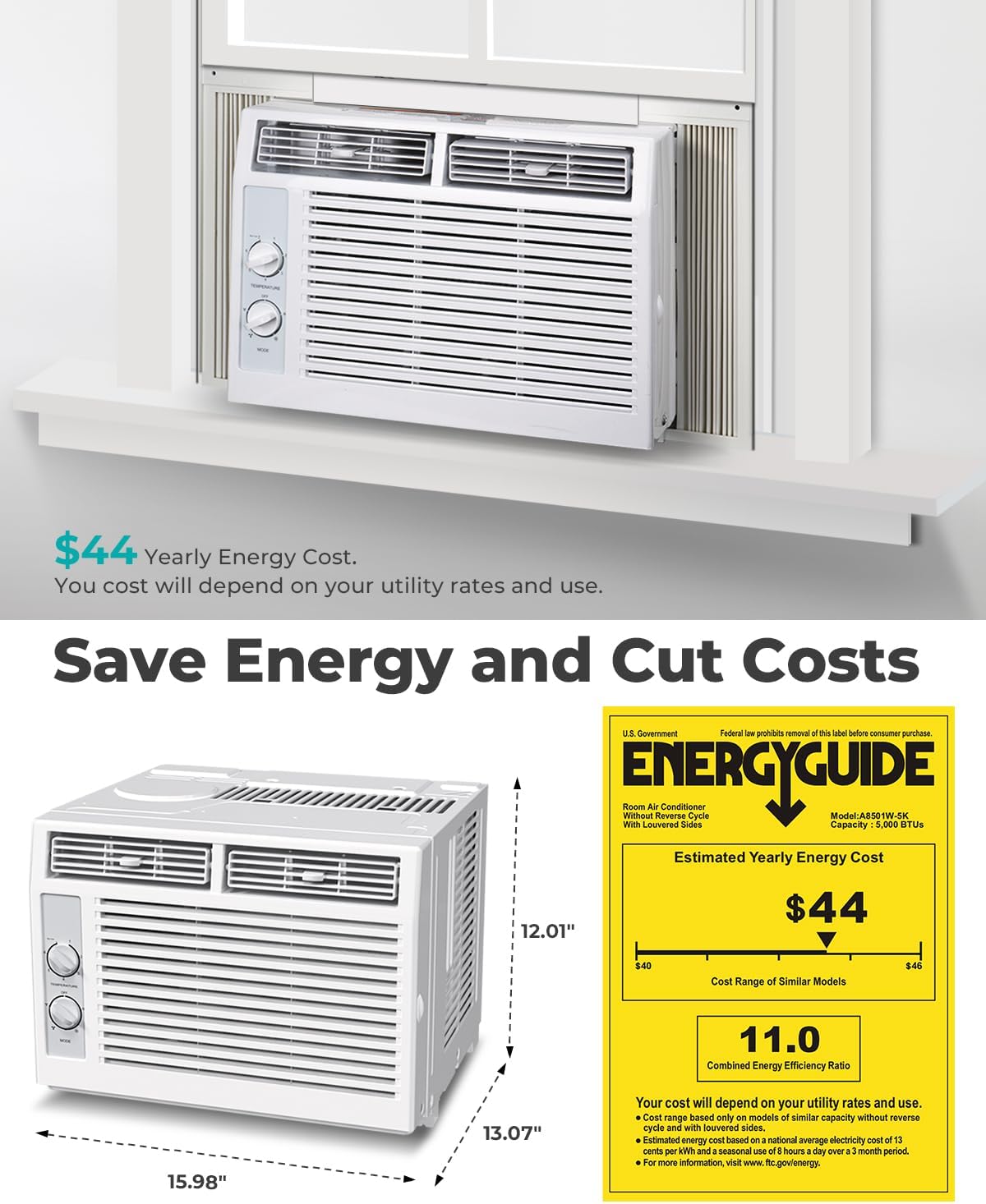 5000 BTU Window Air Conditioner AC Unit, Cool up to 150 Sq.Ft., Adjustable Cooling & Fan Modes, Install Kit, Energy Saving, Air Conditioner Window Unit for Bedroom, Apartment, Living Room