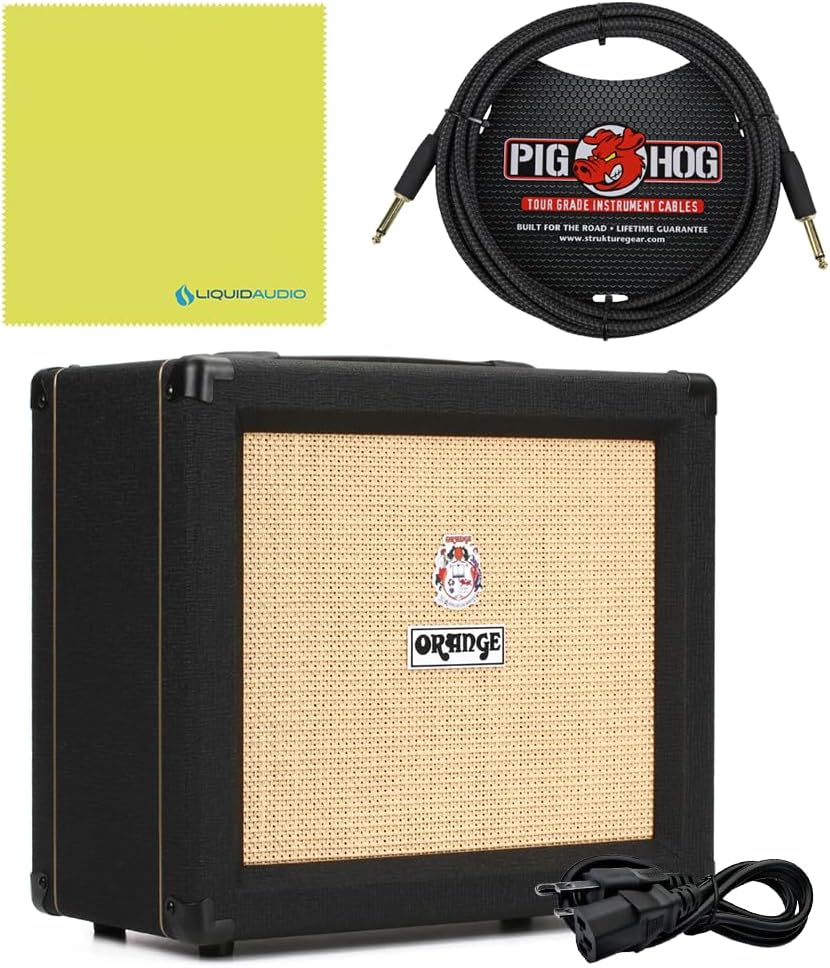 Orange Crush 35RT Guitar Combo Amplifier Bundle w/Pig Hog Black Instrument 10’ Cable, Power Supply AC Adapter and Liquid Audio Polishing Cloth