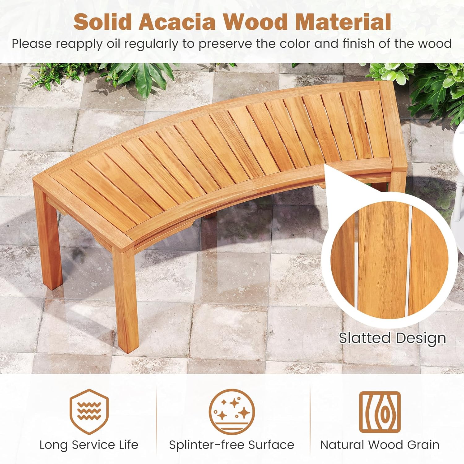 RELAX4LIFE Wooden Outdoor Curved Bench - Acacia Wood Garden Bench w/Slatted Seat, 2-Person Outside Backless Seating for Porch Backyard Deck Park, 800 LBS Load Capacity, Patio Fire Pit Bench (7, 45'')