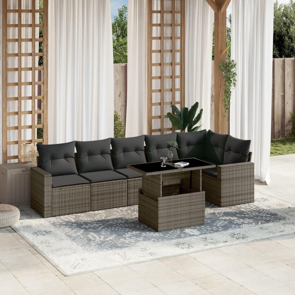 Garden Sofa Set Gray PE Rattan, Powder-Coated Steel Frame, Tempered Glass Top, 7-Piece Outdoor Patio Furniture Set for Balcony, Dining, 7-Person Seating