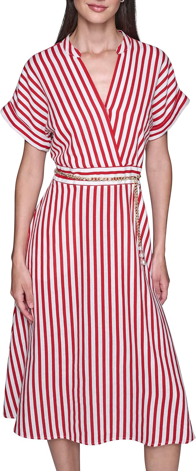 Karl Lagerfeld Women's Short Sleeve V-Neck Printed Linen Midi Dress