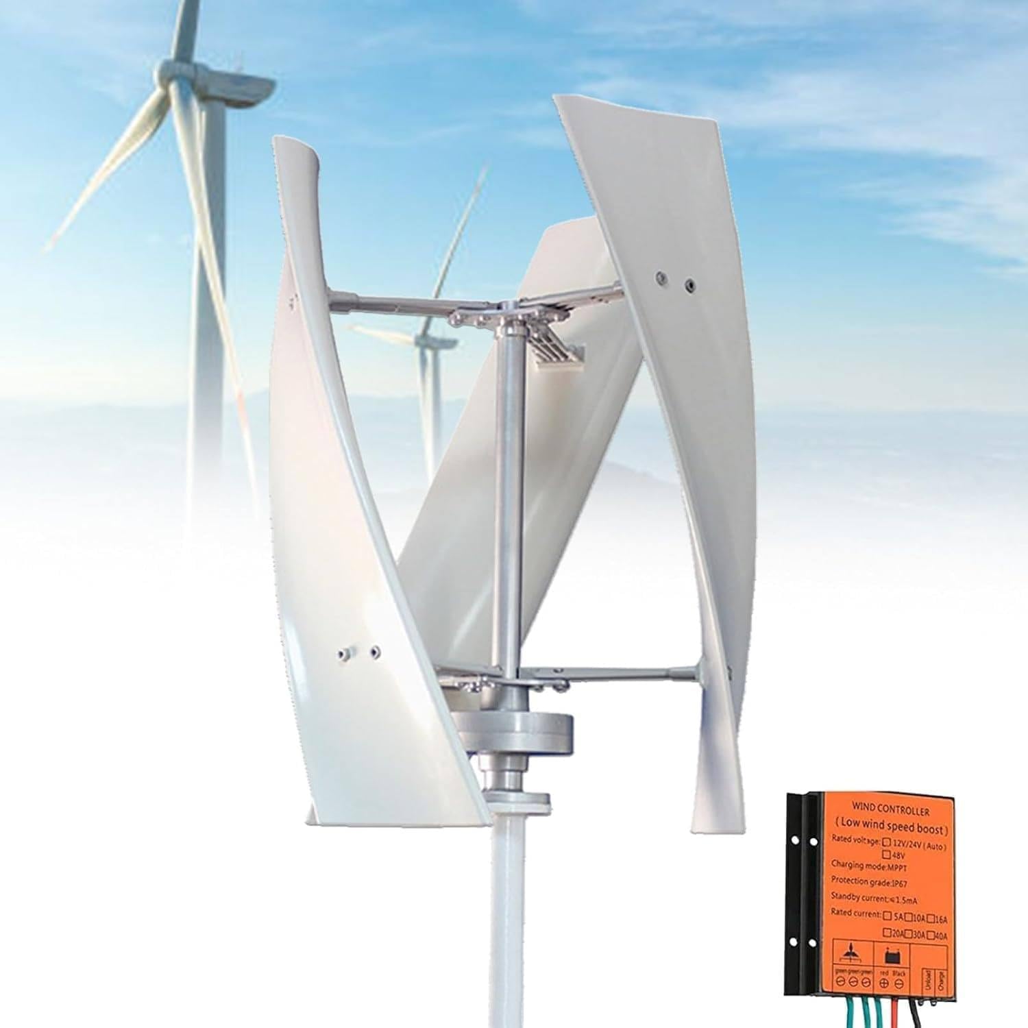 300W Wind Turbine Vertical Permanent Maglev Generator, 12V 24V Double Bearing Design Wind Power Turbine Generator Kit with Controller for Home and Industrial Energy Supply, White 24V~300W