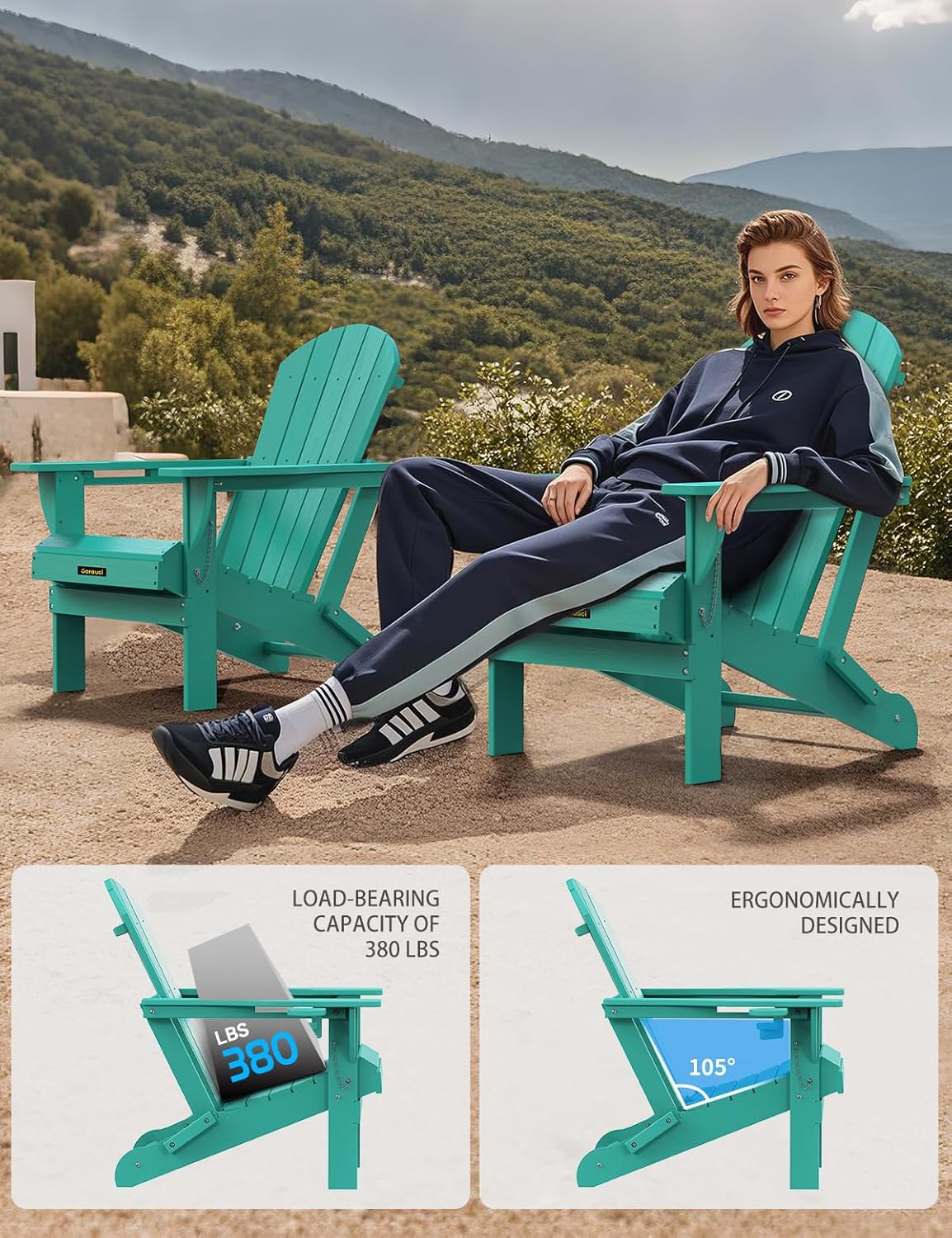 Plastic HDPE Adirondack Chair, Folding Adirondack Chair Weather Resistant with Cup Holder, Wooden Textured Fire Pit Outdoor Chair for Garden, Porch, Lawn, Backyard, Supports 380LBS, Lake Blue