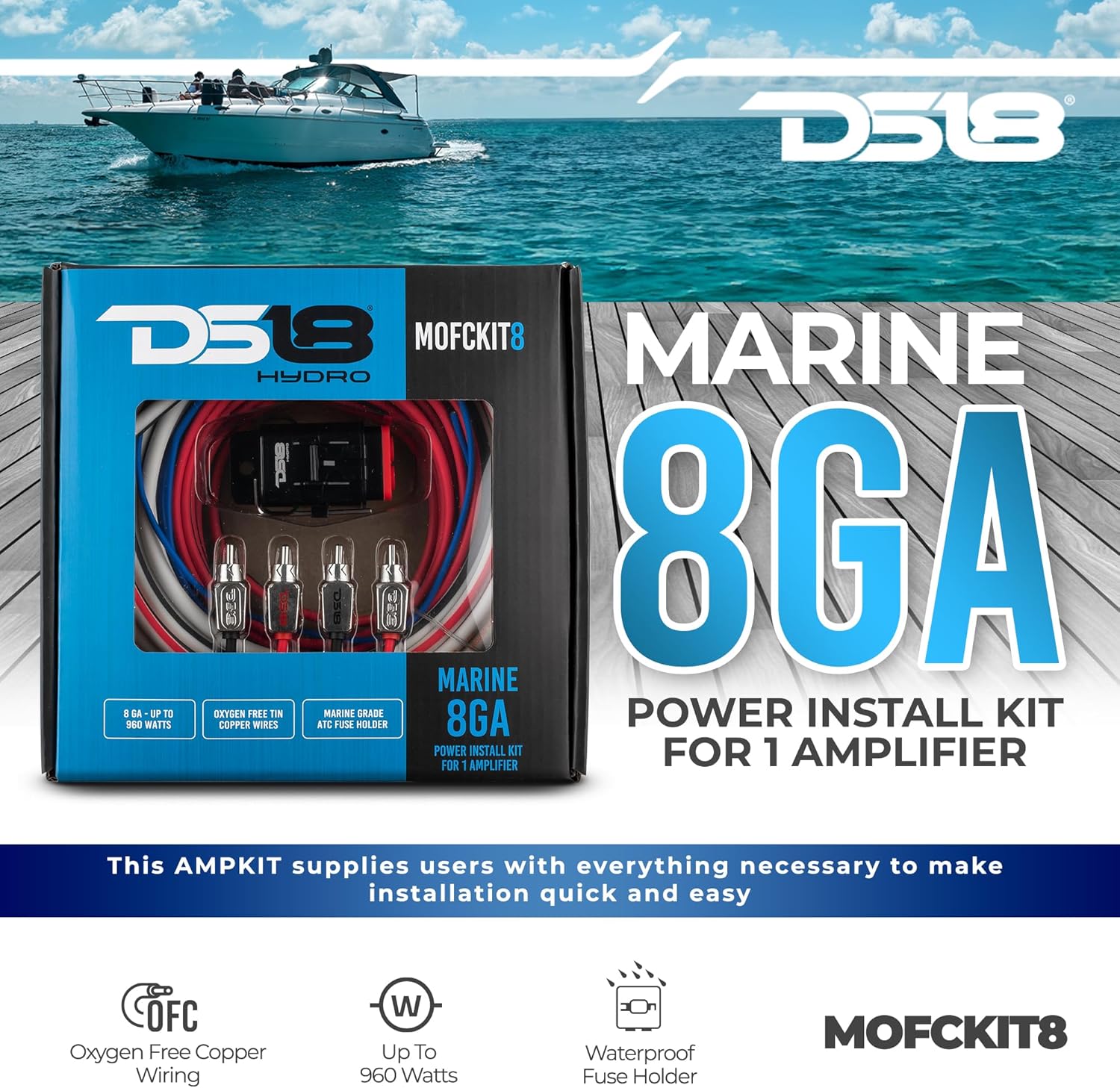 DS18 Hydro MOFCKIT8 8 Gauge Marine Tinned Amplifier Installation Wiring Kit – Up to 960 Watts, OFC 100% Cooper