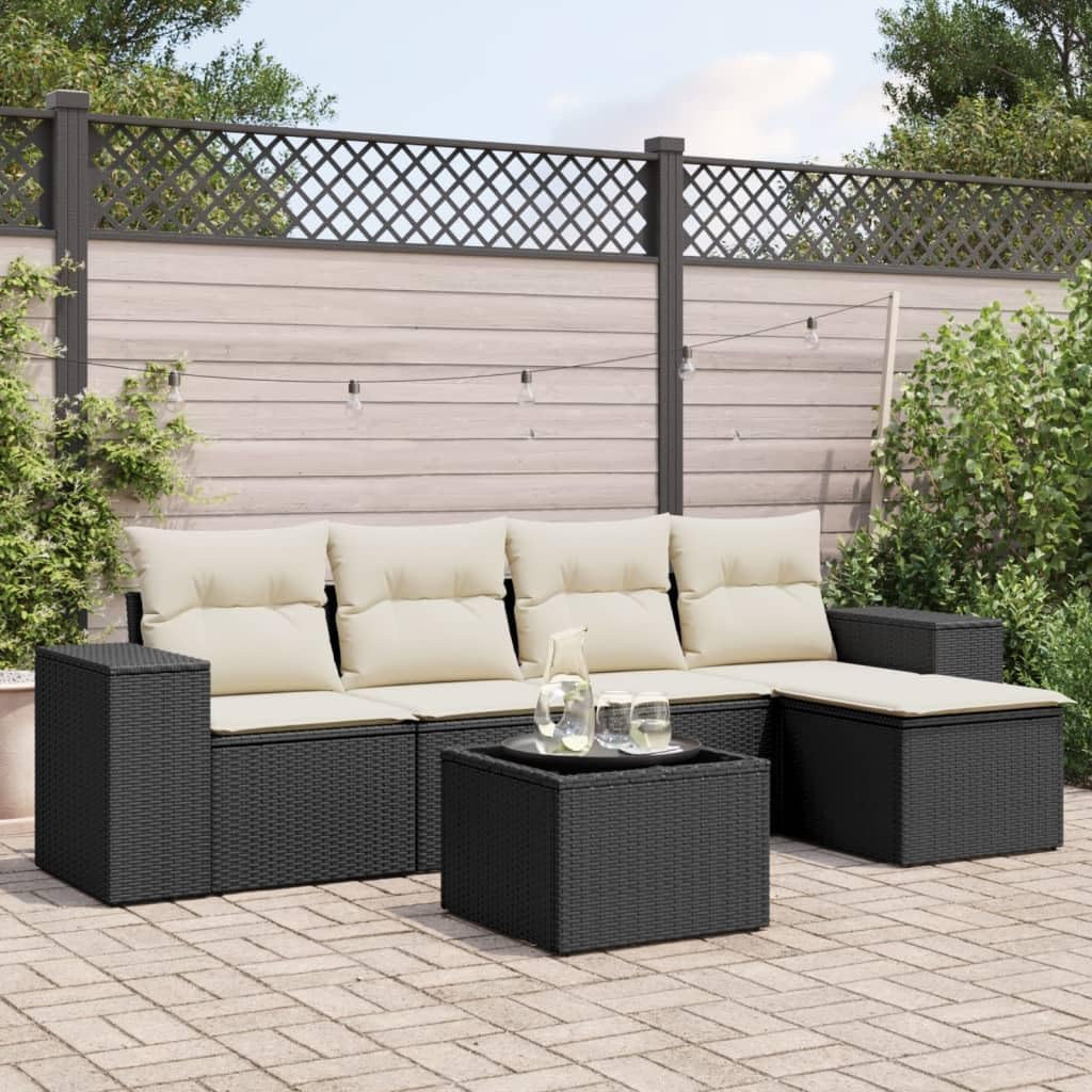 6 Piece Garden Sofa Set, Black Synthetic Rattan Patio Furniture, Outdoor Table and Chairs, Modern Balcony Seating for 5, Weather-Resistant Terrace Dining