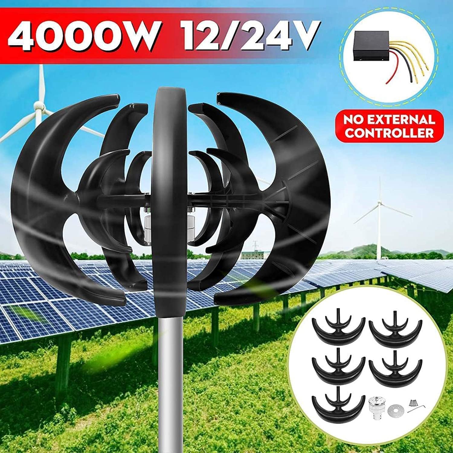 Wind Turbines 4000W Vertical Axis Wind Turbines,Generator Lantern 5 Blades Motor Kit Windmill Energy Charge Turbines for Home Camping
