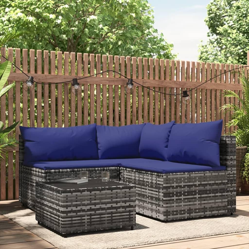4 Piece Patio Lounge Set with Cushions Gray Poly Rattan,Elegant Patio Lounge Set: Relaxation and Dining in Style Patio Furniture & Accessories, Outdoor Seating